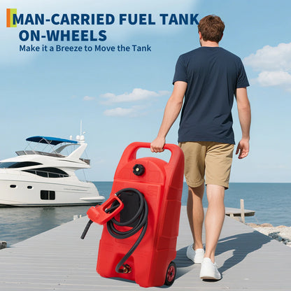 Heavy-Duty 15 Gallon Portable Fuel Caddy – Manual Siphon Pump & 10FT Delivery Hose – On-Wheels Gas & Heavy-duty Transfer Tank – Ideal Tool Storage for Cars, Lawn Mowers, Boats