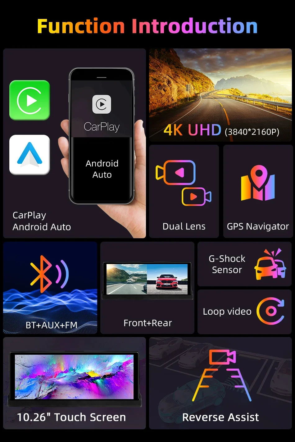 Srnubi 10.26 inch 4K ADAS Car DVR with 360° Rotation Dash Cam Wireless Carplay Android Auto Mirror Link BT WIFI AUX FM Dashboard