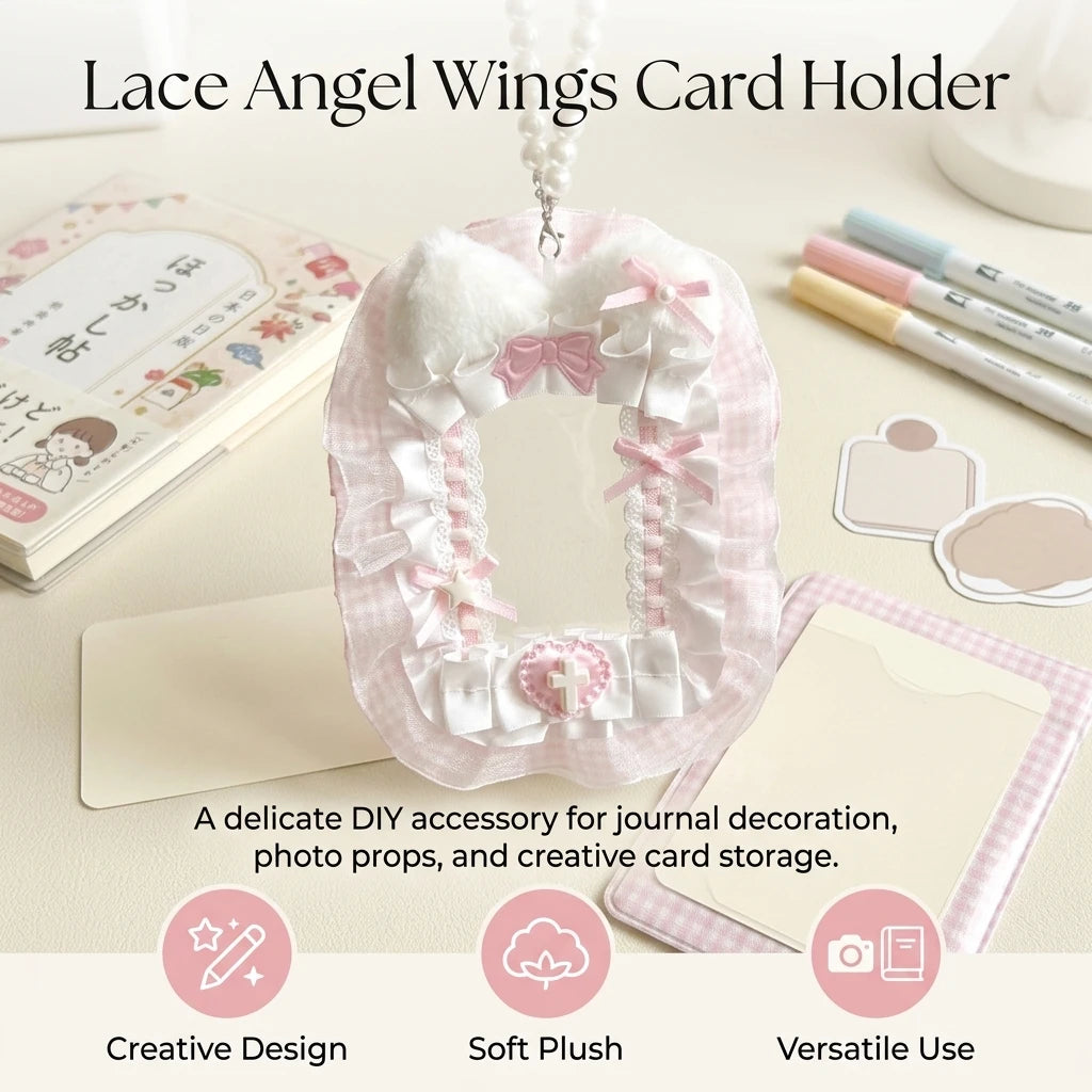 Creative Angel-Wings Card Holder Lace Bowknot Decor Student Card Storage Protective Cover Korean Fans Photocard Holder Bag Pen