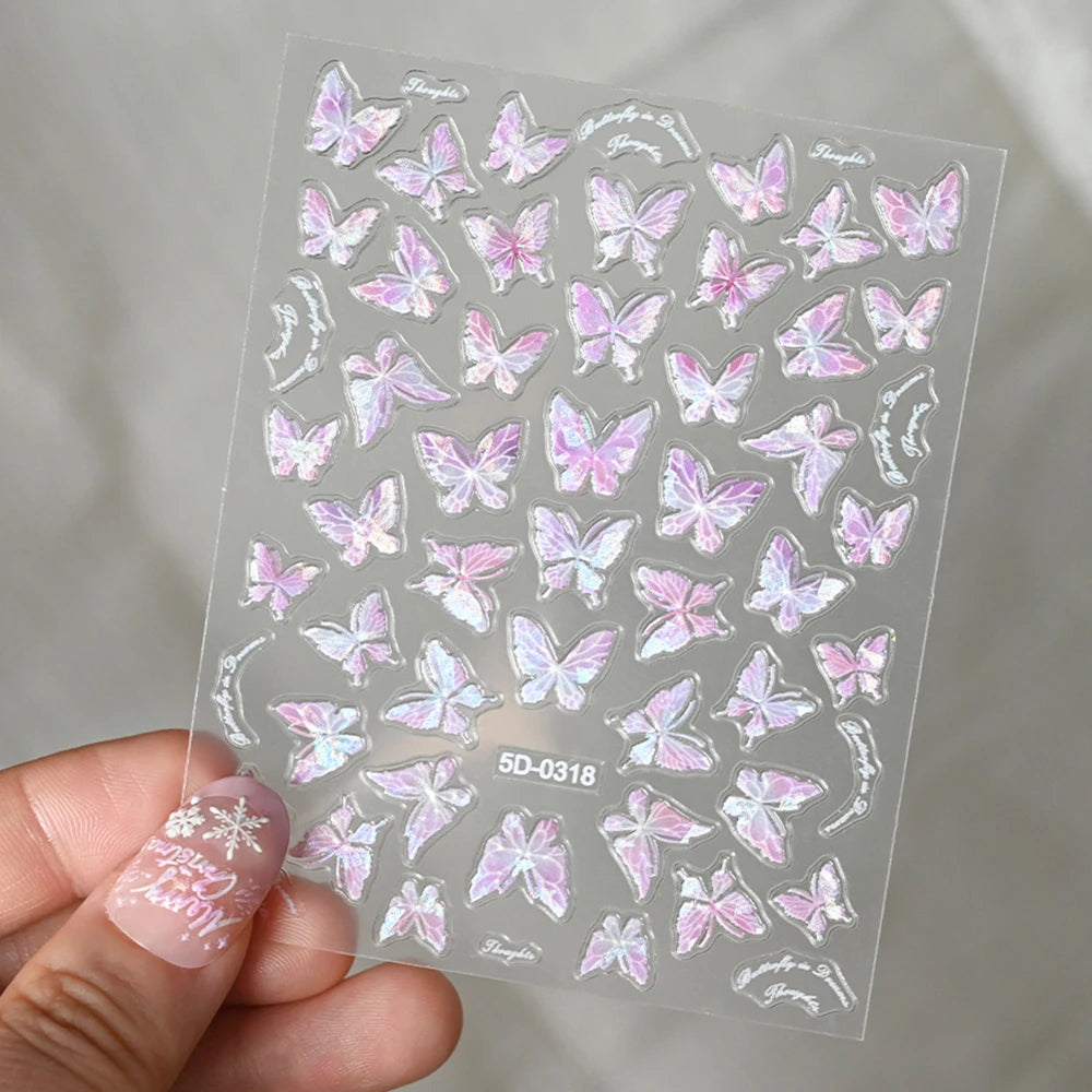 5D Hibiscus Flower Nail Embossed Sticker Acrylic Pink White Gold Petal Leaf Adhesive Decal Butterfly Dragon Floral Elegant Decor
