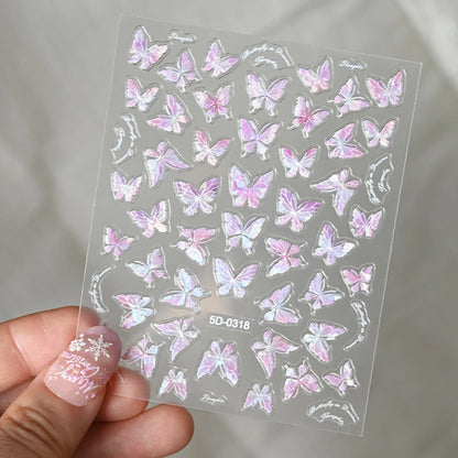 5D Hibiscus Flower Nail Embossed Sticker Acrylic Pink White Gold Petal Leaf Adhesive Decal Butterfly Dragon Floral Elegant Decor
