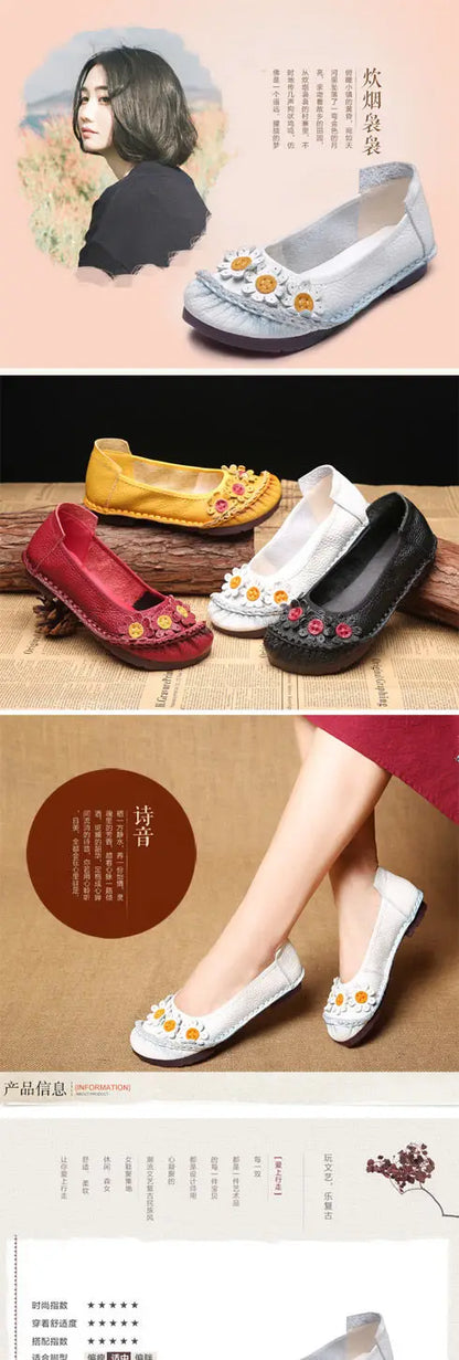 Vintage Flower Moccasins Woman Genuine Leather Ballet Flats Ladies Hollow Slip Ons Women's Luxury Loafer Purple Walking Shoes 42