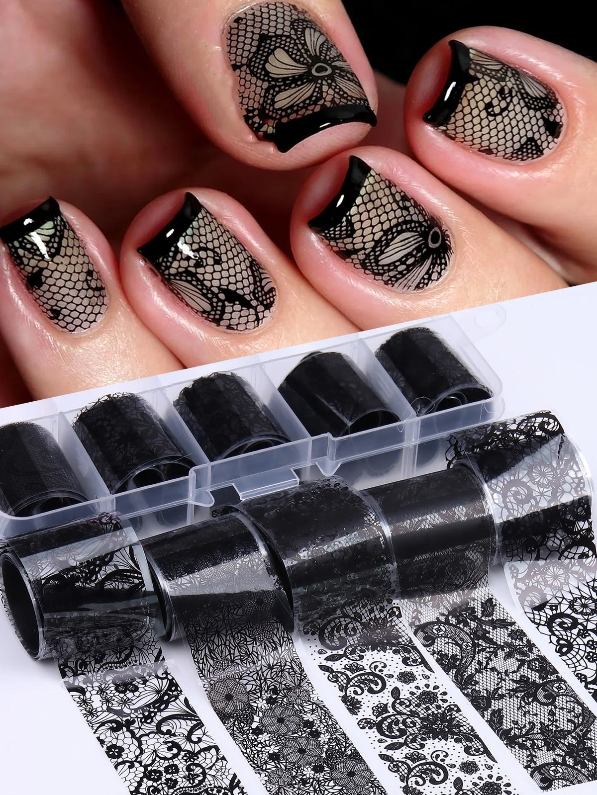 10 Sheets Lace Nail Foil White & Black Nail Stickers Design Transfer Foils Starry Sky Paper Nail Art Foil Decals for Nails Salon