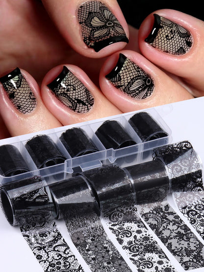 10 Sheets Lace Nail Foil White & Black Nail Stickers Design Transfer Foils Starry Sky Paper Nail Art Foil Decals for Nails Salon