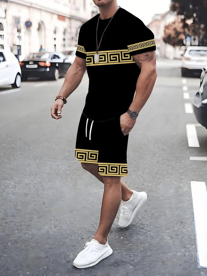 Summer Men's Stripe Print Short Sleeve Tee Elastic waist Shorts 2 Pieces Set Plus Size Loose O-Neck T-shirt Pockets Shorts Set