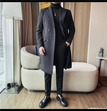 Autumn Winter Vintage Men's Woolen Long Coat Fashion Lapel High Quality Double Breasted Formal Men Slim Fit WindBreaker Overcoat