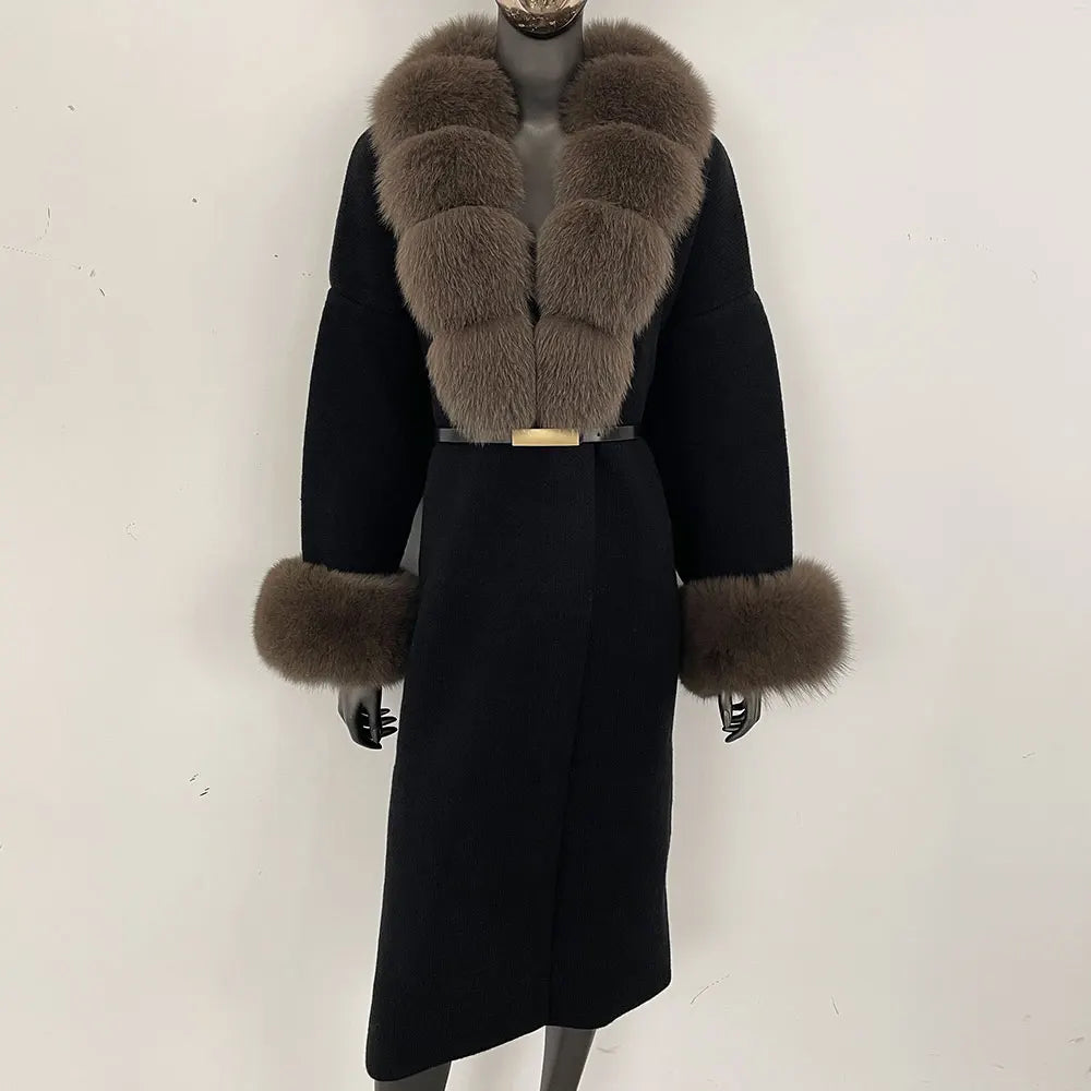 Long Knitwear Coat Women Warm Belt Real Fox Fur Jacket Female 2024 New Autumn Winter Kintted Natural Fur Coat Women