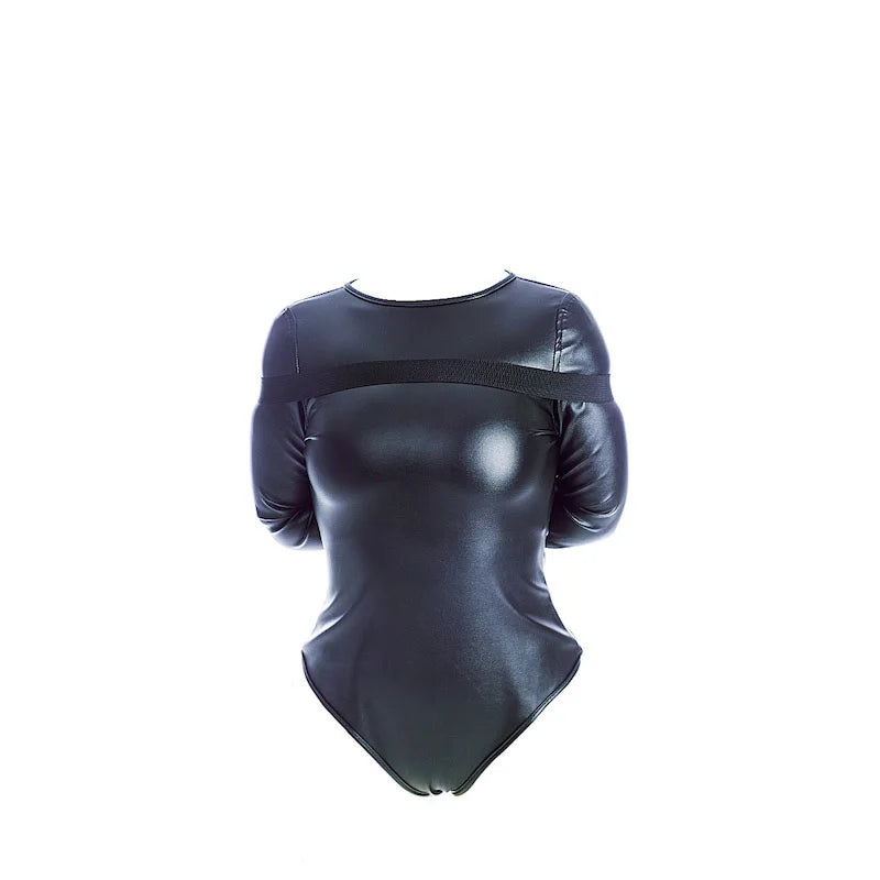 Leather Long Sleeve Bodysuit Straight Jacket with Crotch Strap,SM Game Bondage Armbinder Harness,Slave Role Costume BDSM Sex toy