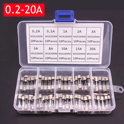 100/72pcs Car Fast-blow Glass Fuses Car Glass Tube Fuses 0.2-20A 0.5-30A Assorted Kit for Car Light Inflator vacuum Cleaner