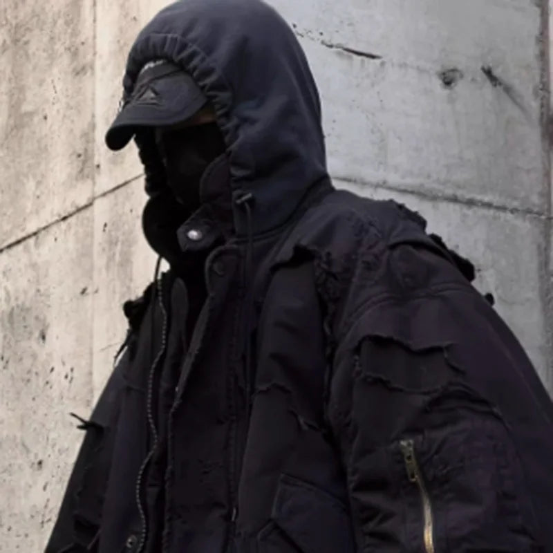 MWJLPWQ Fake Two Pieces Retro Distressed Hooded Cotton Jacket Men's New High Street Zipper Washed Hiphop Padded Winter 010528