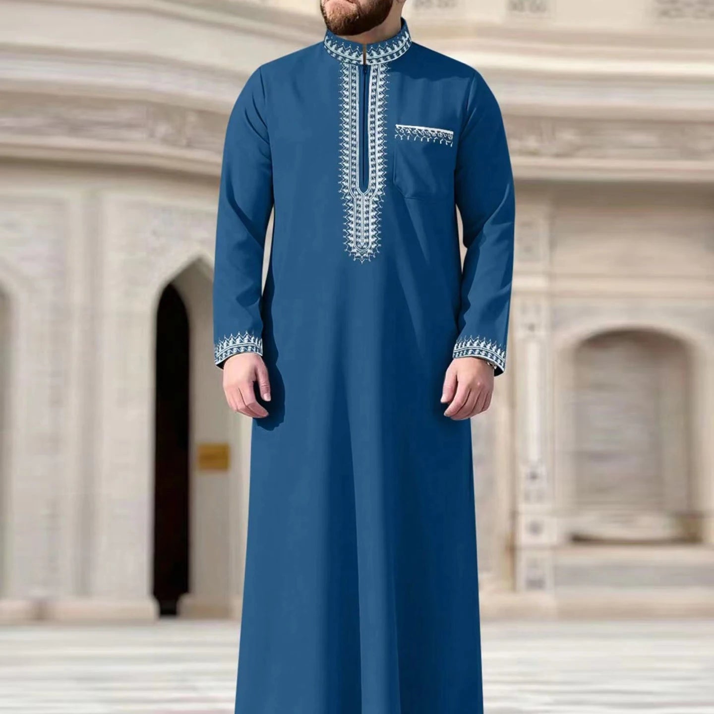 Men's Ethnic Pattern Embroidery Zipper Hooded Robe Traditional Long Sleeve Pocket Jubba Thobe for Daily Wear Man Islamic Thobe