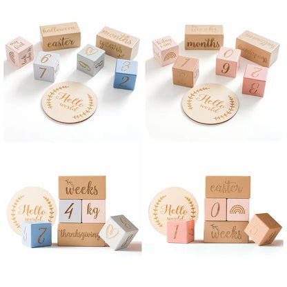 Baby Milestone Memorial Beech Wooden Blocks Quadrate Engraved Newborn Grow up Milestones Commemorate Block Photography Props