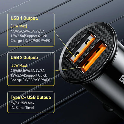 Baseus 30W Car Fast Charger Quick Charge 4.0 3.0 USB Type-C Fast Charging Car Phone Charger For Huawei Xiaomi iPhone 15 14 13 12