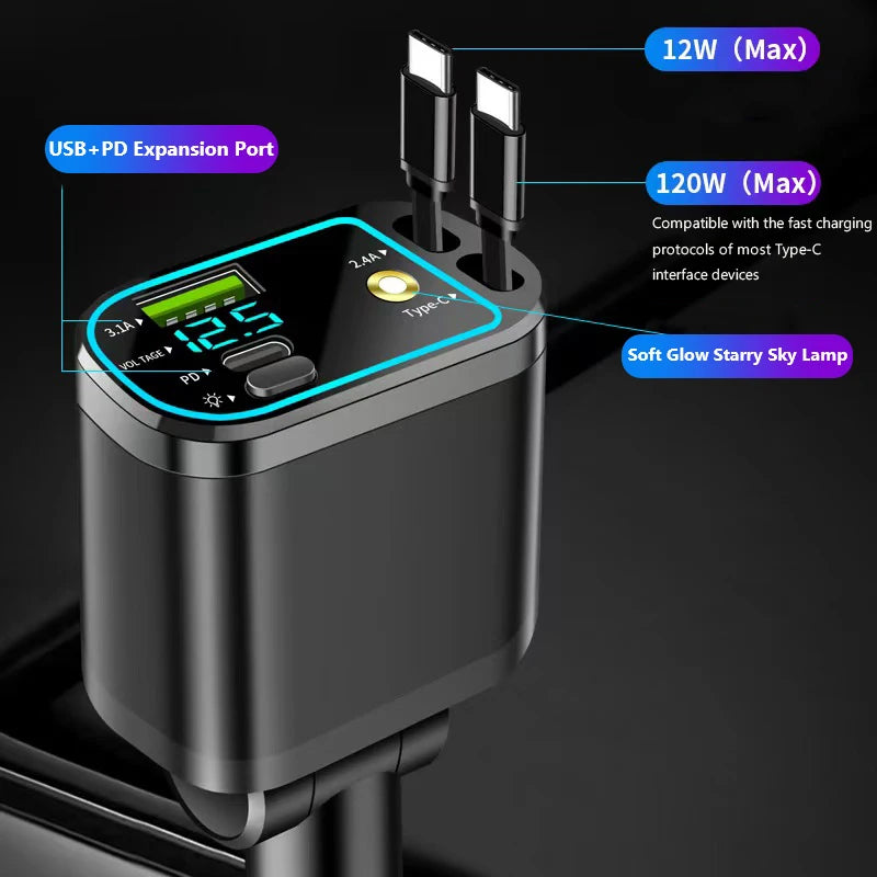 One-to-five vehicle mobile phone charger, supporting super-fast charging, with ambient light and starry sky light