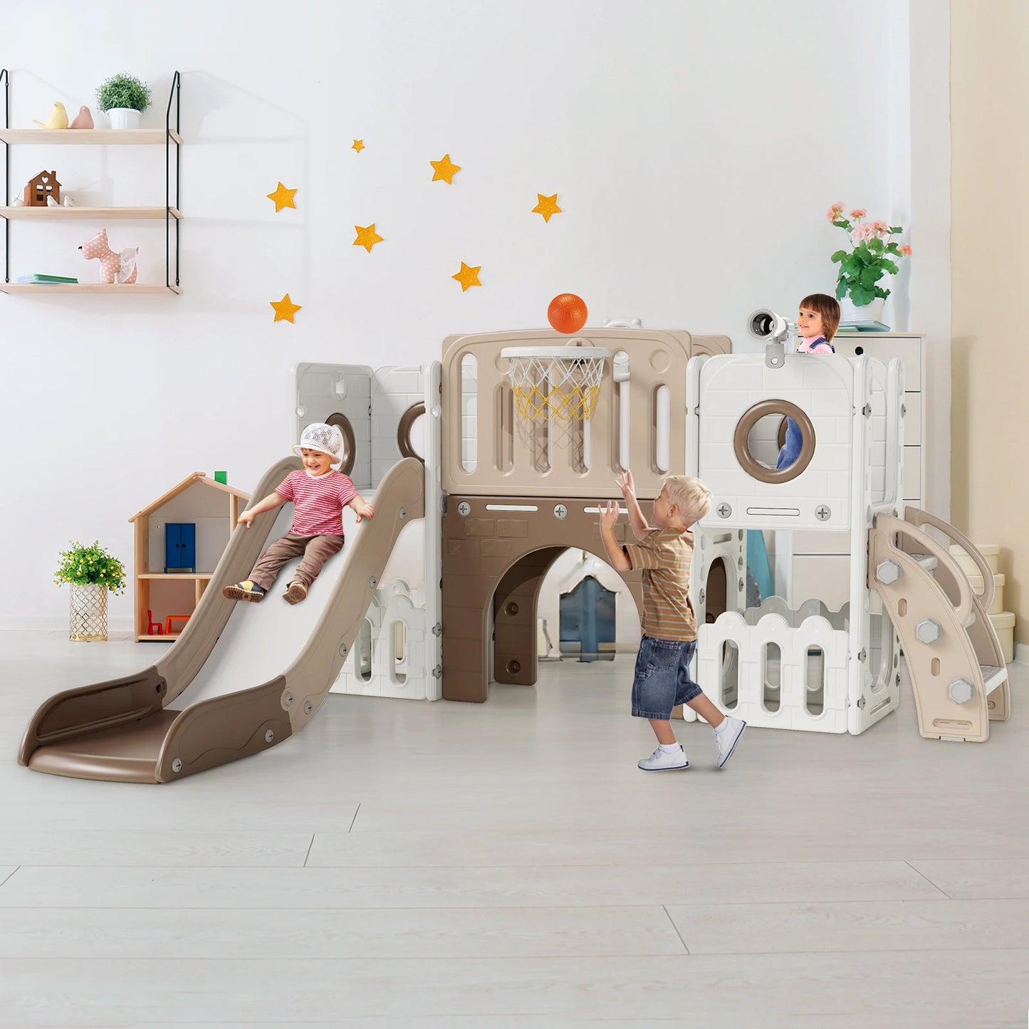 Toddler Slide, 9 in 1 Kids Slide and Climber Playset Indoor Outdoor Playground for Children, w/Basketball Hoop & Ball Telescope
