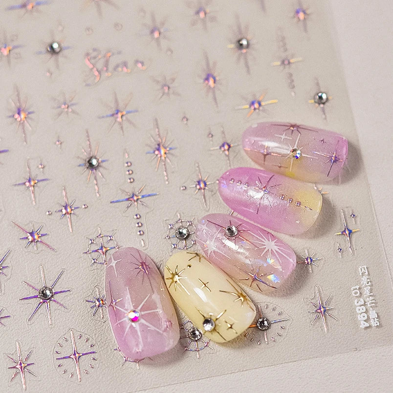 Gold Silver Starlight Laser Pink Colorful Glitter Star Bronzing Rhinestones Relief Nail Art Decorations Stickers Manicure Decals
