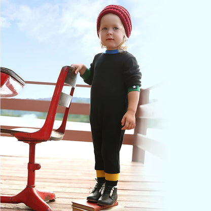 AA-Colorblock Waffle Knit Set Shirt Girl Dress and Baby Romper Contrasted Edges Rib Black Family Clothing Front Buttons Opening