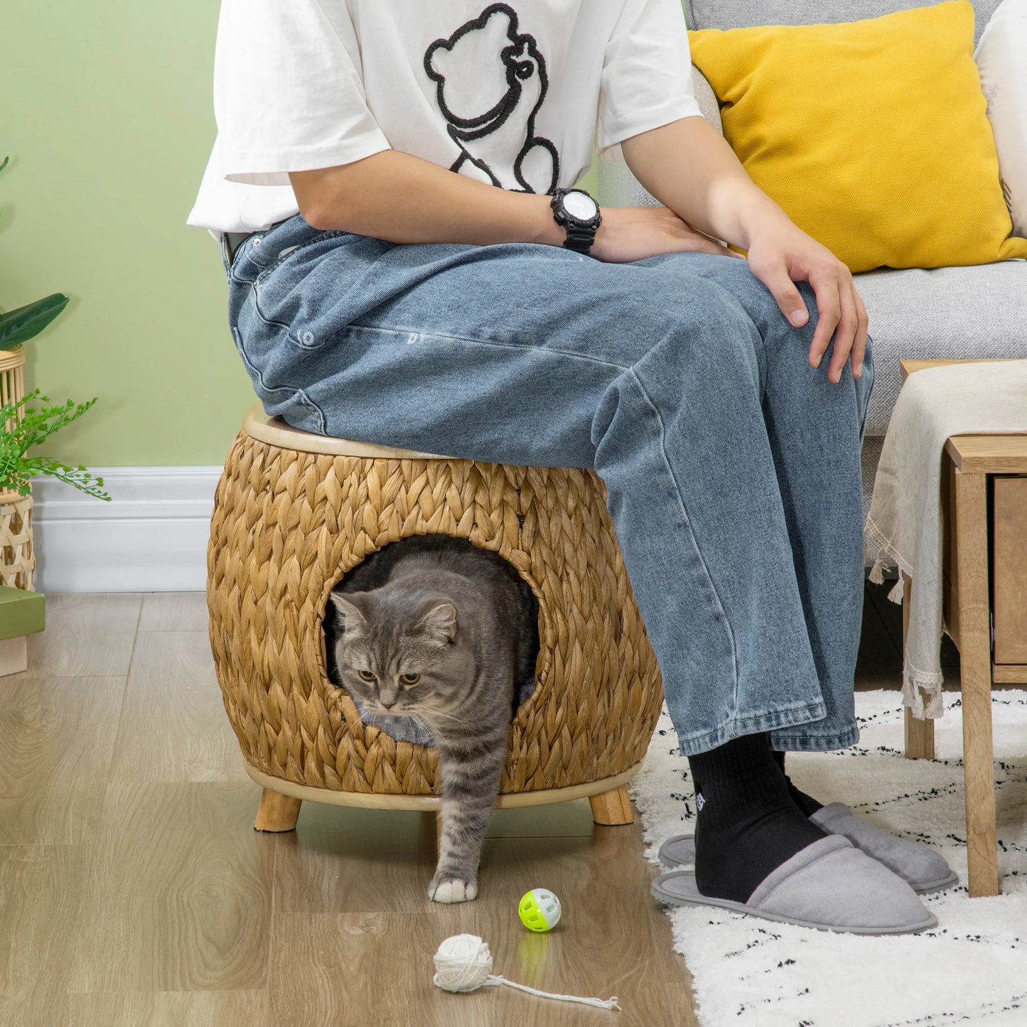Cat cave with a soft washable cushion, featuring a natural light brown and grey design, it provides cats with a cozy hideaway while doubling as a sturdy stool and elegant home decor piece
