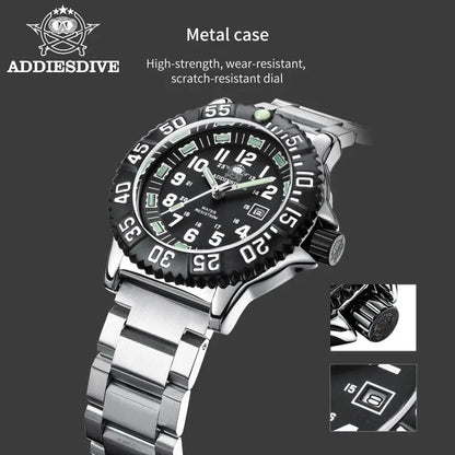 Addies Dive Men Fashion Casual Watch Calendar Display 50m Waterproof Tube Luminous Watch Black Dial Rotating Bezel Quartz Watch