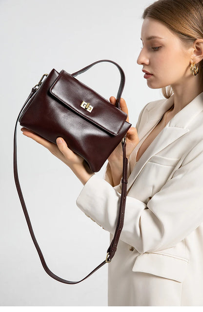 Genuine Leather Top Handle Crossbody Bag for Women Vintage Oil Wax Leather Shoulder Bag Small Luxury Designer Satchel Handbag