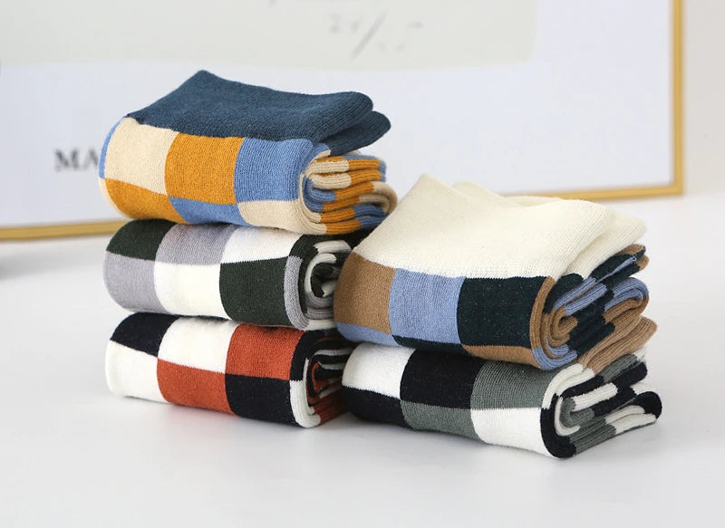 5 Pairs/Lot Combed Cotton Men's Socks Compression Fashion Colorful Square Happy Dress Men Casual Business Grid Gentleman British