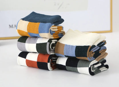 5 Pairs/Lot Combed Cotton Men's Socks Compression Fashion Colorful Square Happy Dress Men Casual Business Grid Gentleman British