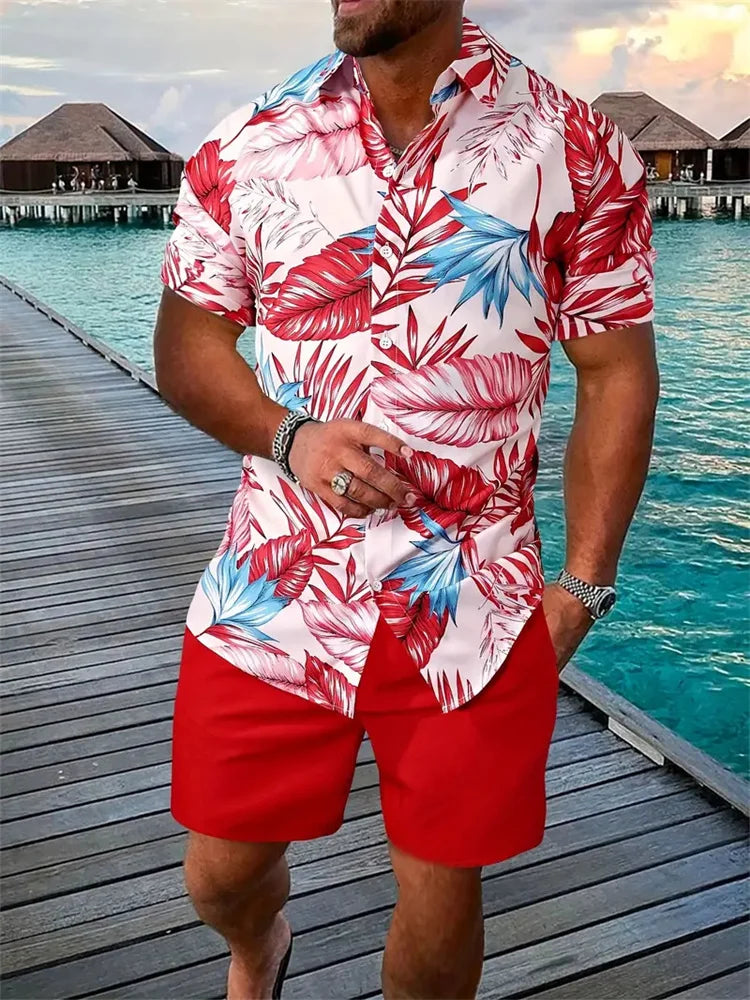 2024 Men's Shirt Shorts Set Two Piece 3D Leaf Print Men's Shirt Short Sleeve Casual Beach Pants Street Vacation Hawaiian Style