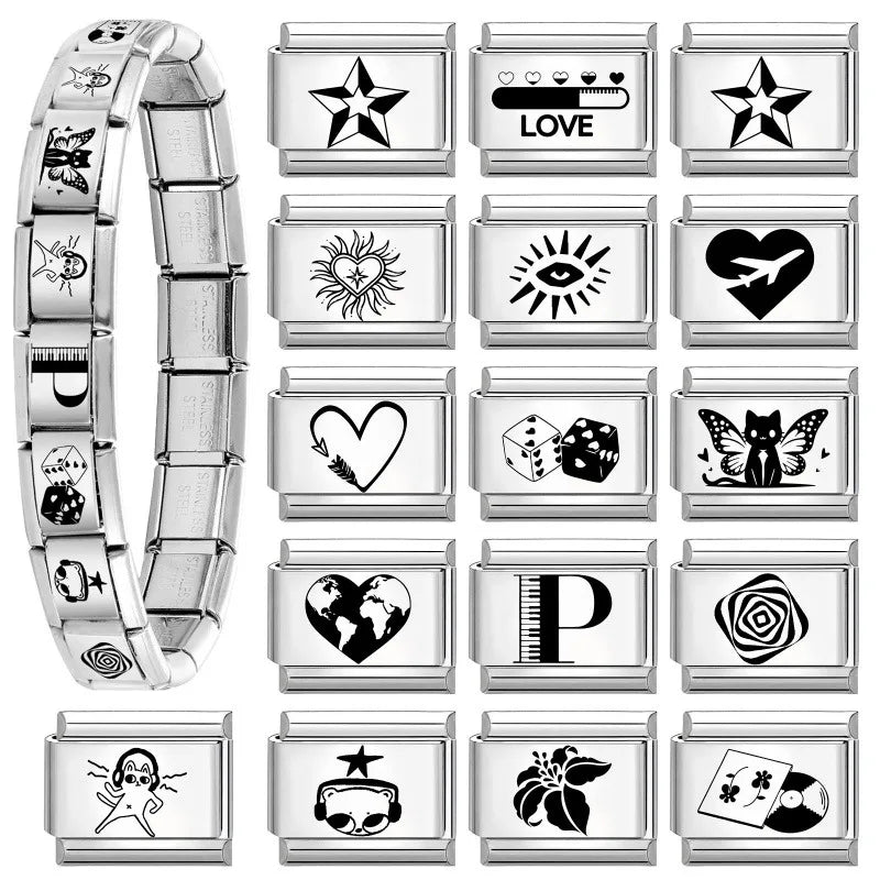 Laser Engraving Cute Cartoon Black Playing Cats Italian Charm Links Fit 9mm Stainless Steel Bracelet Men Women DIY Making Gifts