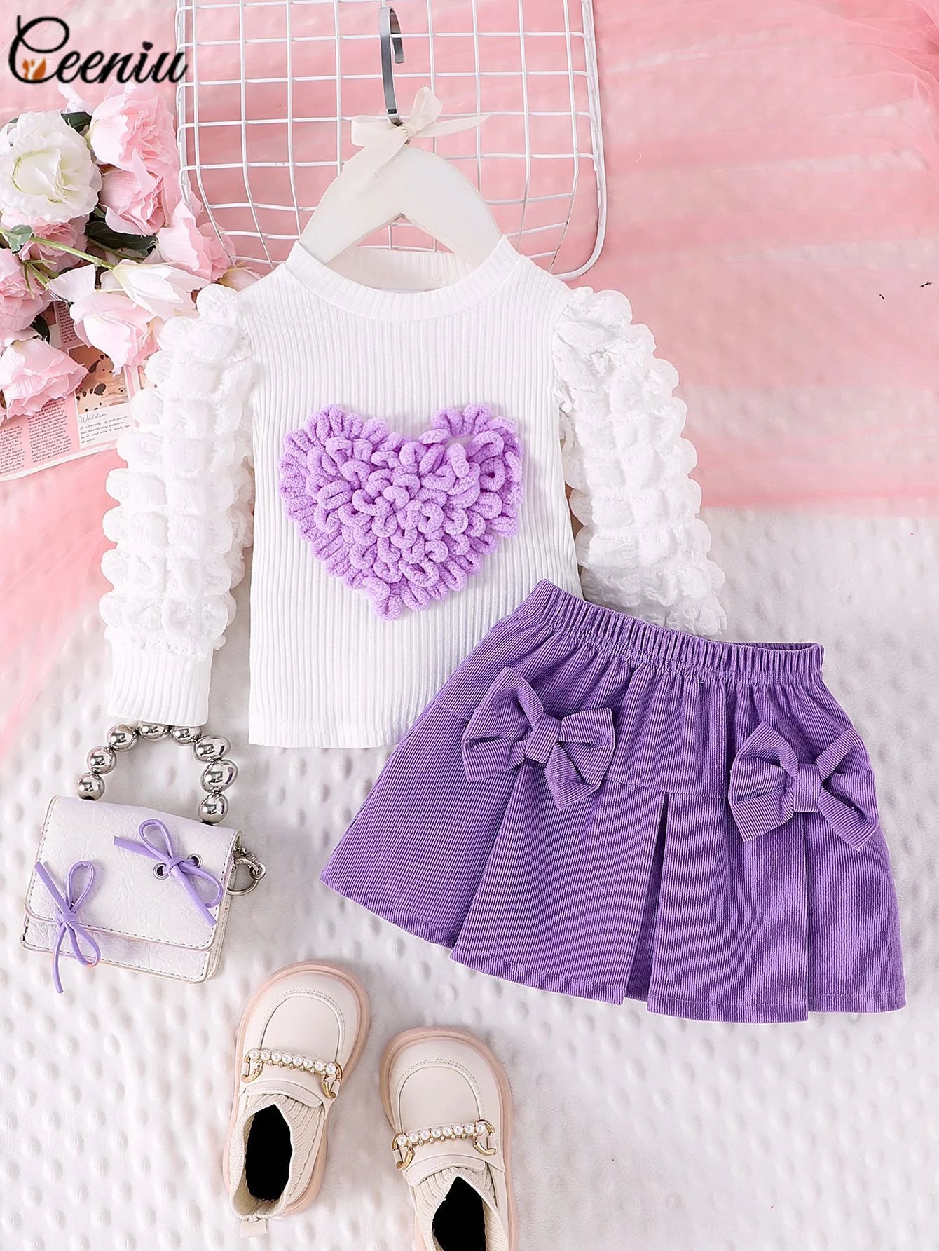 0-3Y Baby Girl Outfit Set 2pcs Puffy Sleeve Heart Shape Top and Corduroy Skirts Valentines Day Sweet Toddler Kids Clothes Girls