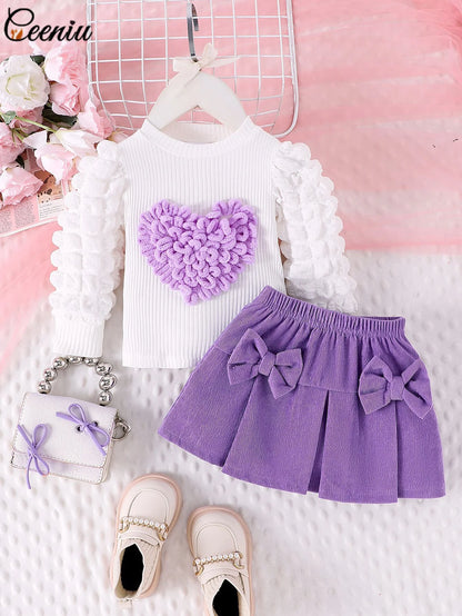 0-3Y Baby Girl Outfit Set 2pcs Puffy Sleeve Heart Shape Top and Corduroy Skirts Valentines Day Sweet Toddler Kids Clothes Girls