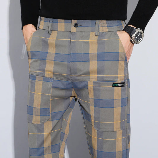 Autumn Winter Luxury Plaid Check Pattern Casual Pants Men Thick Business Elastic Waist Slim Fit Korean Pocket Long Trousers Male