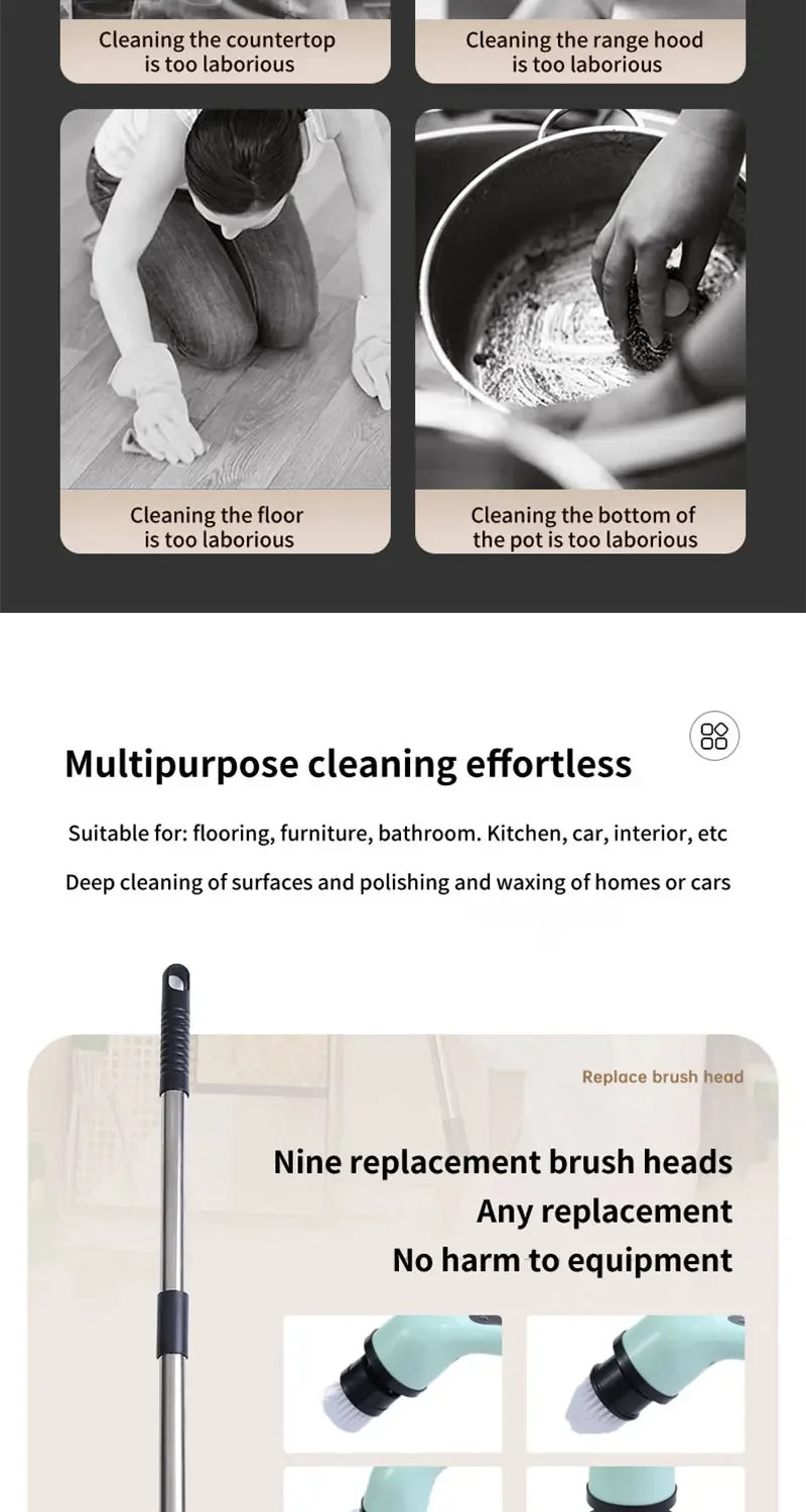 9-in-1 Wireless Rotating Electric Cleaning Brush - Household Multi-scene Scrubber for Bathroom, Kitchen & Toilet Deep Cleaning