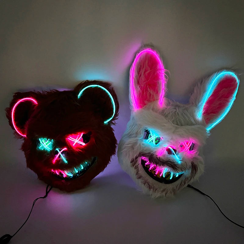 LED Bloody Rabbit Mask Glowing Killer Black Bear Mask Halloween Dance Party Cosplay Costume Props Assassinated Plush Rabbit Mask