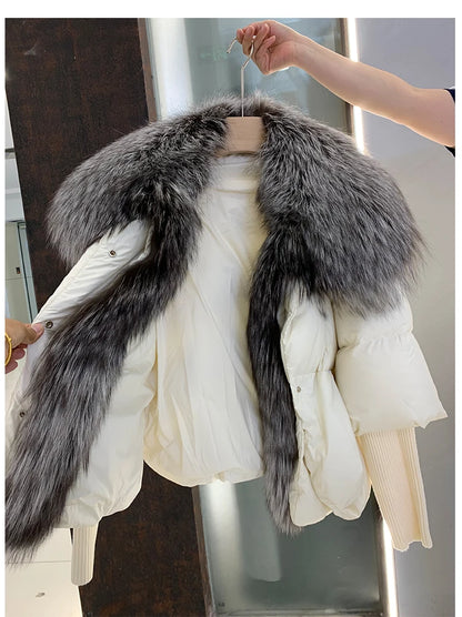 Oversized Winter Warm Real Fox Fur Collar Black Down Coat Women Puffer Outerwear Jackets 2024 Autumn Winter