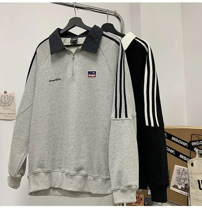 American Style Autumn Winter Oversize Sweatshirts Men Lapel Letter Zipper Printing Label Fashion Trend Long Sleeve Loose Hoodies