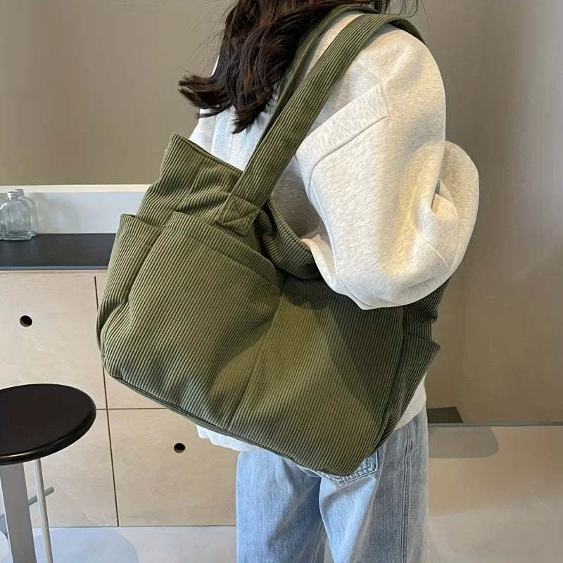 Large Capacity Women's Corduroy Tote Bag Casual Striped Shoulder Bag with Fixed Straps Zipper Handbag for Daily Commuting