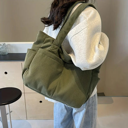 Large Capacity Women's Corduroy Tote Bag Casual Striped Shoulder Bag with Fixed Straps Zipper Handbag for Daily Commuting