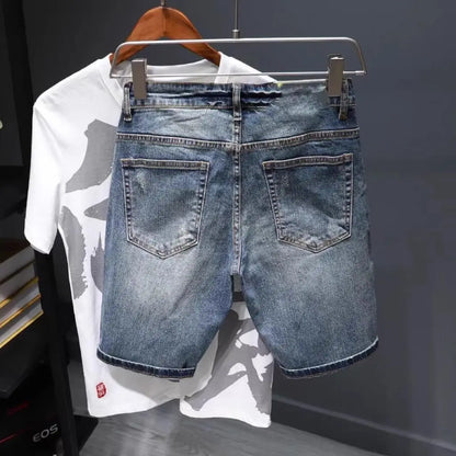 Summer Trendy Brand Handsome Denim Shorts Men's Washed Embroidered Patch Trendy Short Pants Ripped Slim-fit Elastic Middle Pants