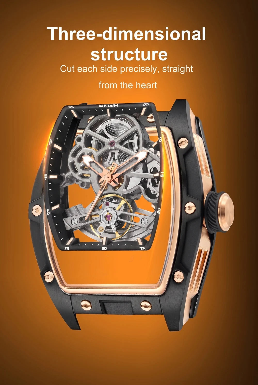 MEGIR Tonneau Skeleton Mechanical Watch Men Sport Wristwatch Silicone Strap Luxury Hollow Dial Male Automatic Mechanical Watches