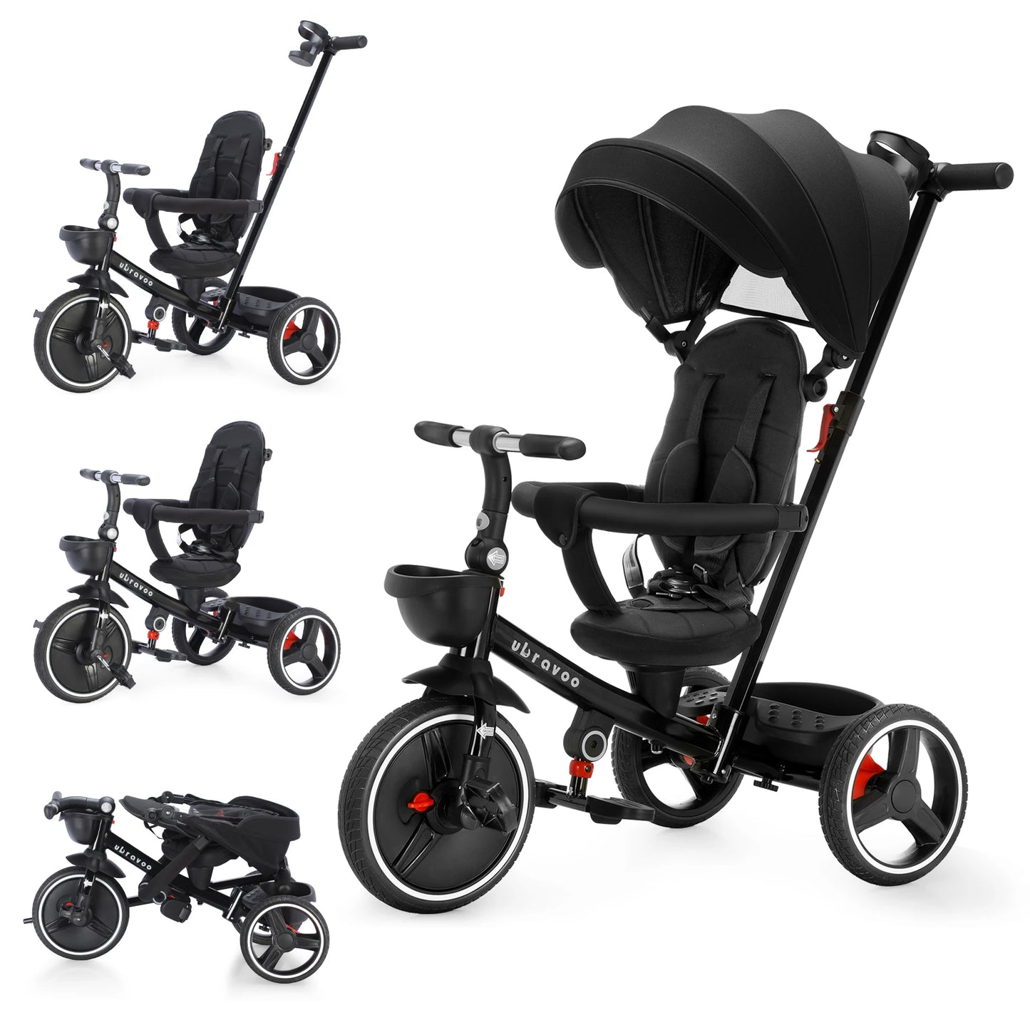 Foldable Children's Tricycle – Adjustable Parent Handle, Wheel Brakes, Removable Hood, Backrest & Safety Seat