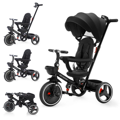 Foldable Children's Tricycle – Adjustable Parent Handle, Wheel Brakes, Removable Hood, Backrest & Safety Seat
