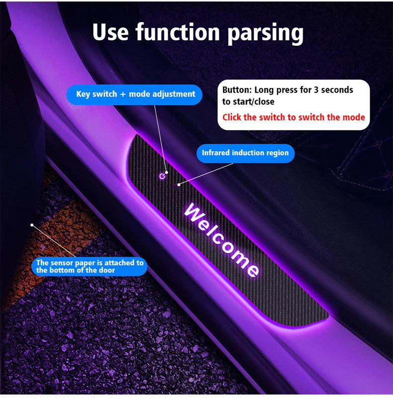 Customized Carbon fiber Car Logo Door Illuminated Sill Light Projector Lamp Power Moving LED Welcome Car Scuff Plate Pedal Light
