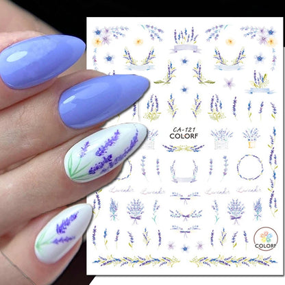 3d Nail Art Decals Watercolor Florals Purple Green Pink Flowers Leafs Fruit Adhesive Sliders Nail Stickers For Manicure