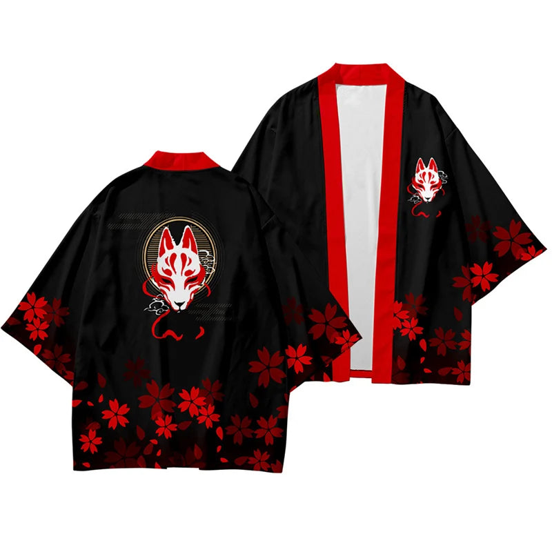 Large Size 5XL 6XL Japanese Kimono Cardigan Pants Set Print Fox Men Women Shirt Tradition Yukata Haori Obi Cosplay Costume