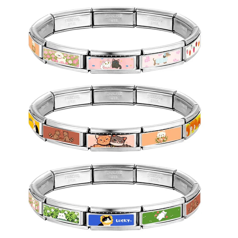 2025 New Women's Gift Cute Rabbit Cat Dogs Italian Charms Links Beads Fit 9mm Stainless Steel Modular Modular Bracelet Jewelry