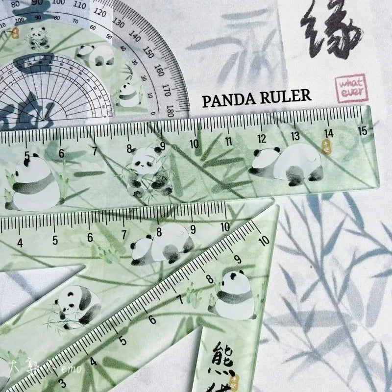 Chinese Cute Panda Bamboo Green Translucent Ruler 4-piece Set Student Plastic Straight Triangle Ruler Protractor Stationery Set