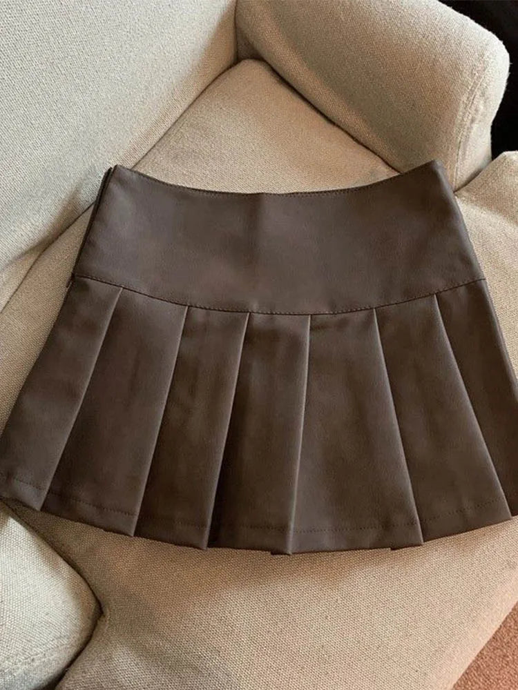 S-3XL Y2K Pu Leather Mini Skirts Women Streetwear High Waist Pleated Skirt Vintage Korean Black Slim Casual A Line Skirts