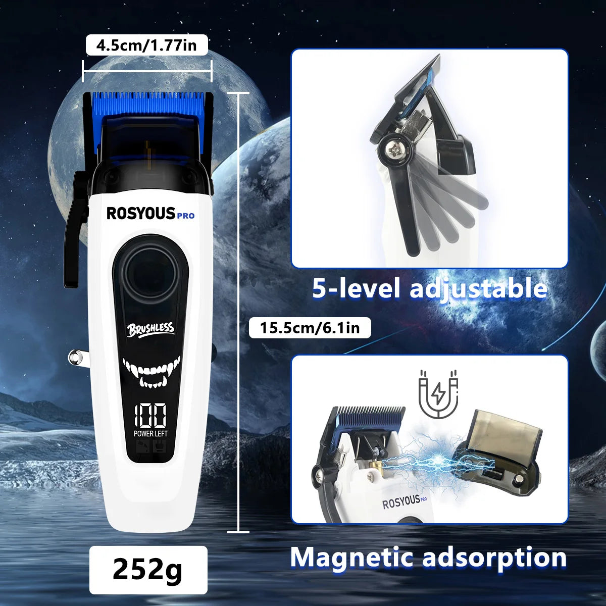 ROSYOUS Professional Hair Clipper DLC Blade 8000RPM Brushless Motor with Base Charger LED Display Hair Cutting Machine for Men