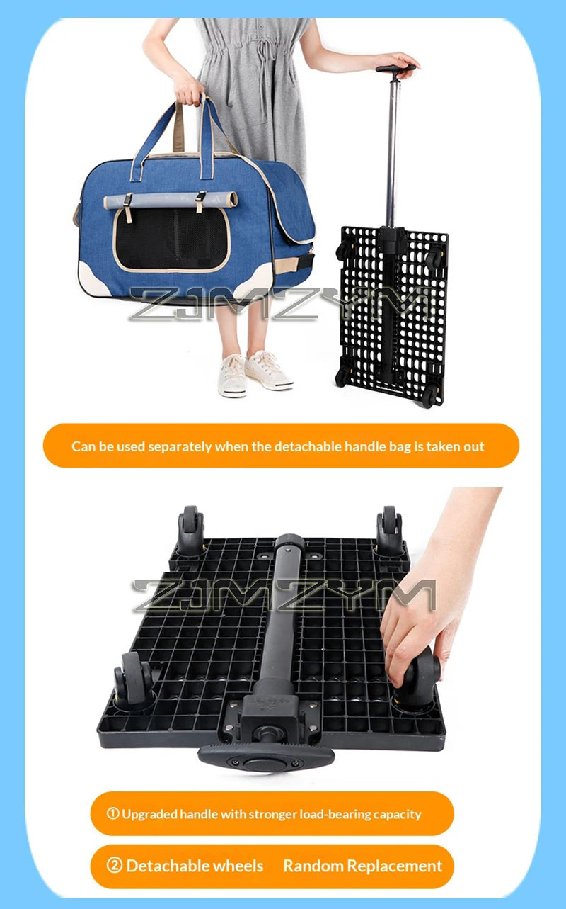 Foldable Pet Trolley, Detachable Windproof Cat Bag, Breathable Cat Carriers, Portable Pet Trolley Case