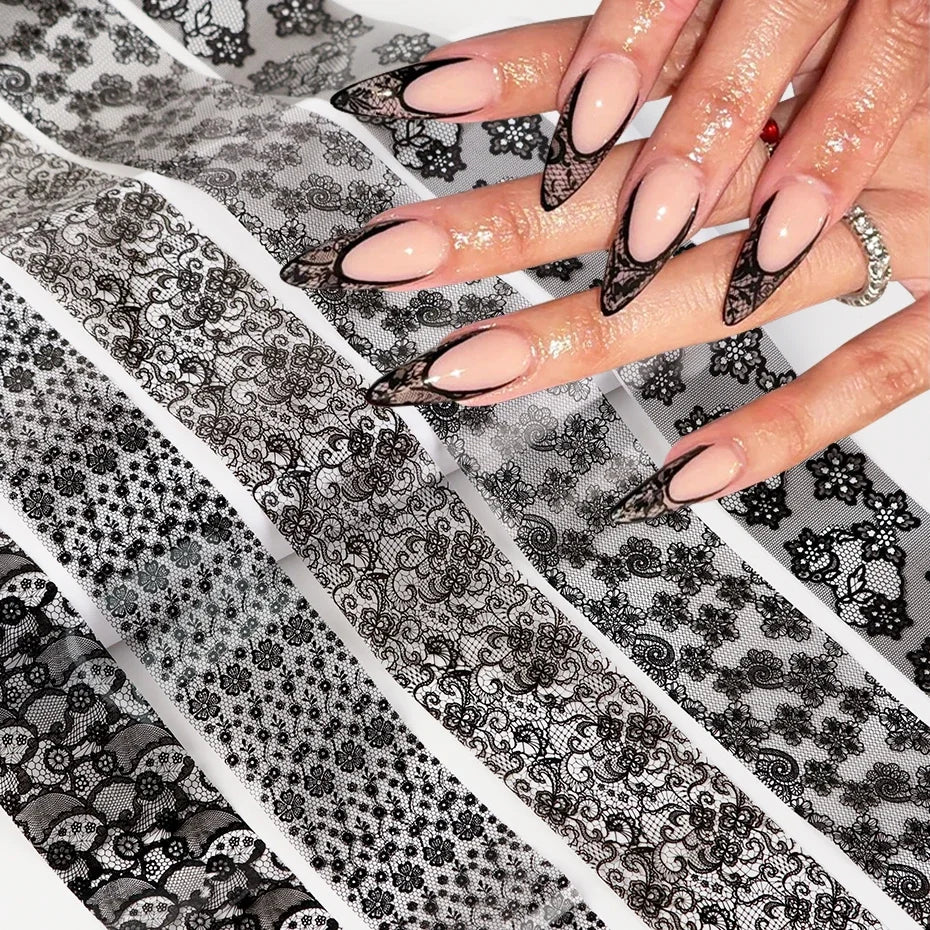 10pcs Elegant Black White Lace Flowers Nail Transfer Foils Stickers Black And White Sexy Lace DIY Charms Nail Art Decoration